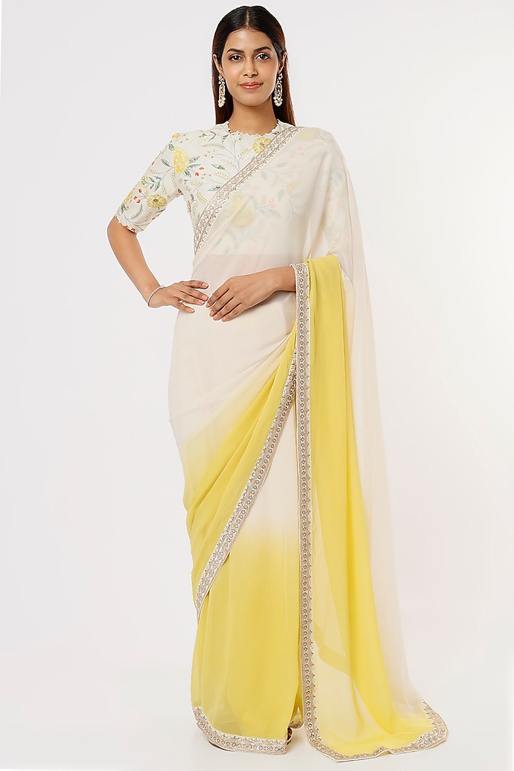 Yellow & Ivory Printed Saree by Blue Lotus at Pernia's Pop Up Shop