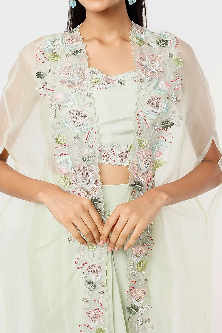 Mint Organza Zardosi Embroidered Cape Set by Blue Lotus at Pernia's Pop Up Shop