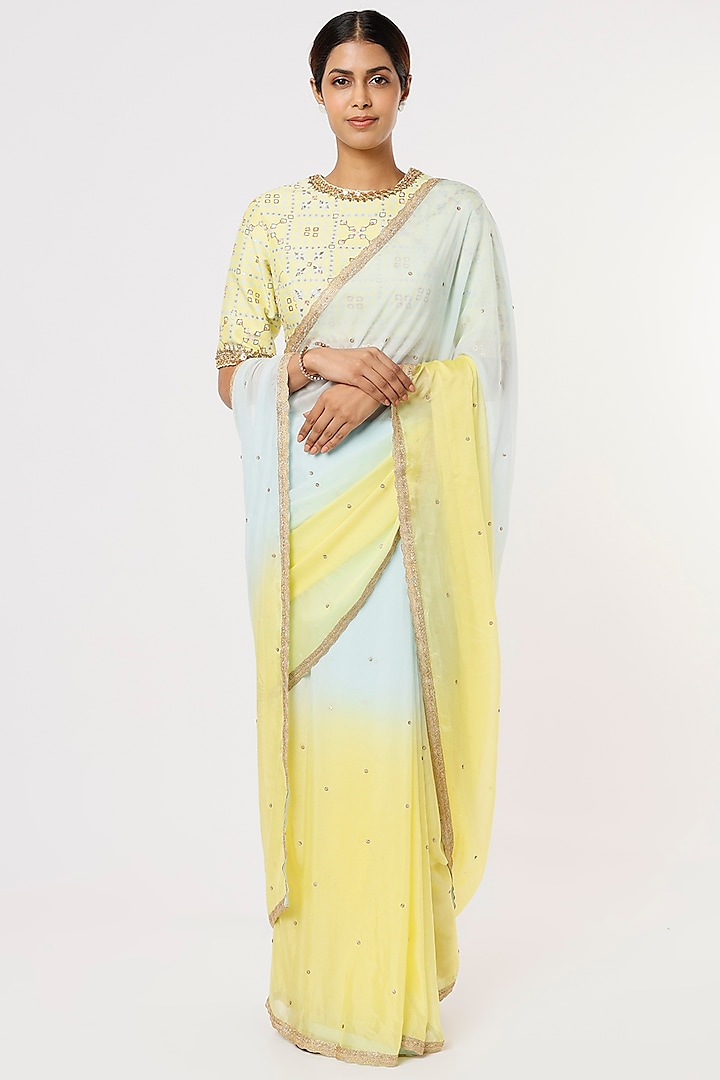 Blue & Yellow Embroidered Saree Set by Blue Lotus at Pernia's Pop Up Shop