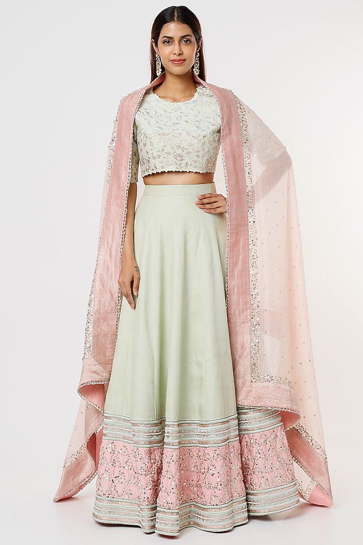 Mint Embroidered Wedding Lehenga Set by Blue Lotus at Pernia's Pop Up Shop