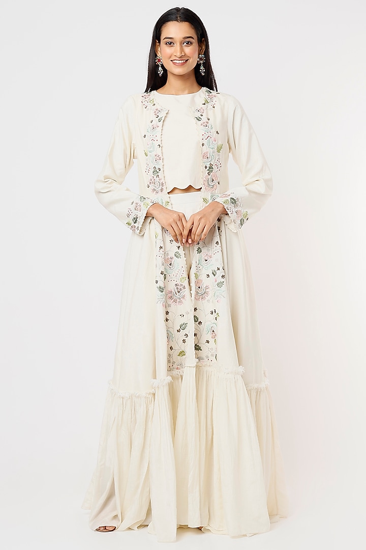 White Embroidered Jacket Set by Blue Lotus