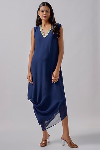 Navy Blue Georgette Embroidered Cowl Dress by Blue Lotus