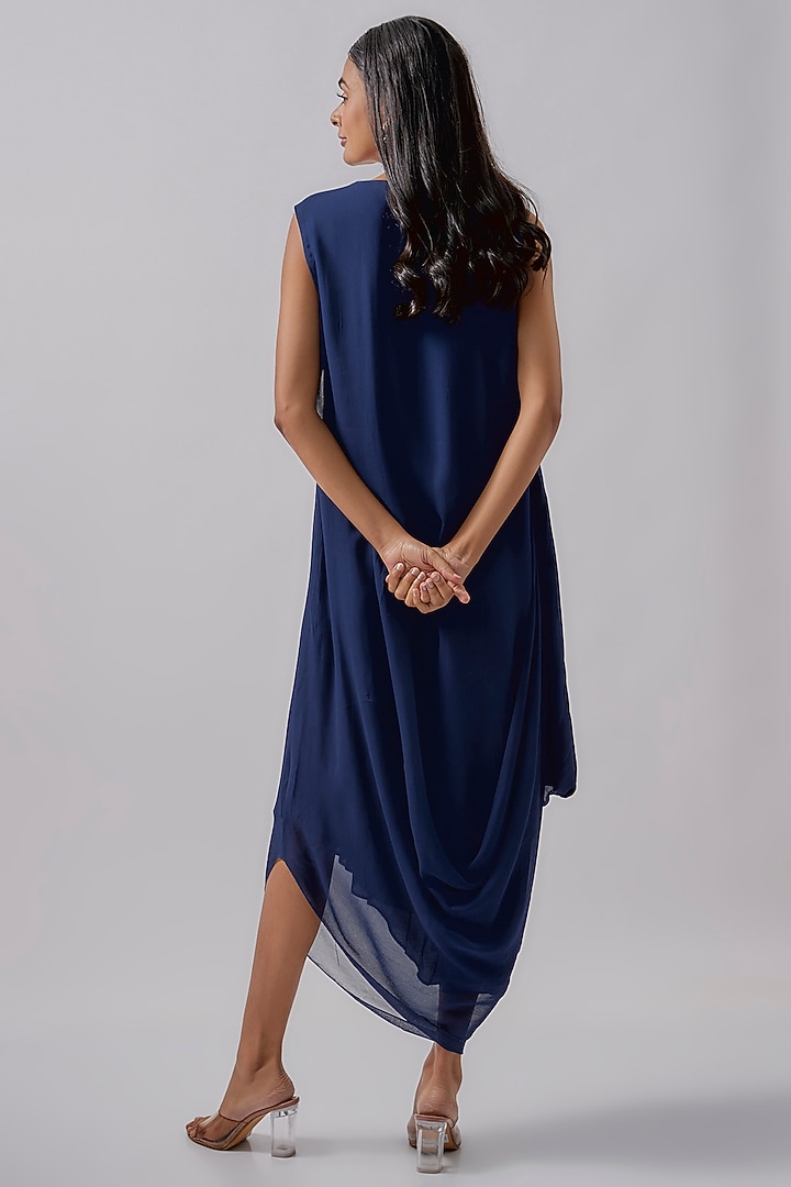 Navy Blue Georgette Embroidered Cowl Summer Dress by Blue Lotus at Pernia's Pop Up Shop