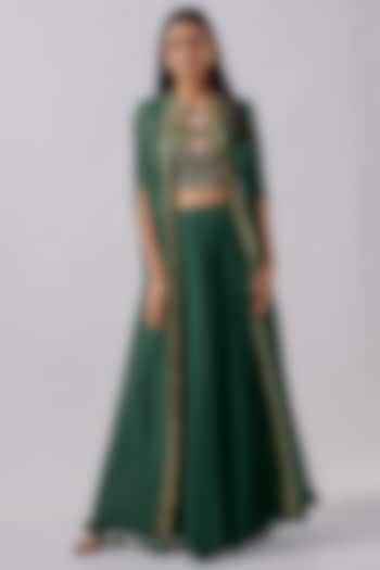 Green Georgette Embroidered Cape Set by Blue Lotus