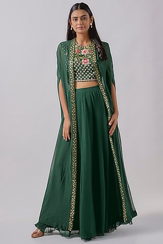 Green Georgette Palazzo Pant Set  by Blue Lotus