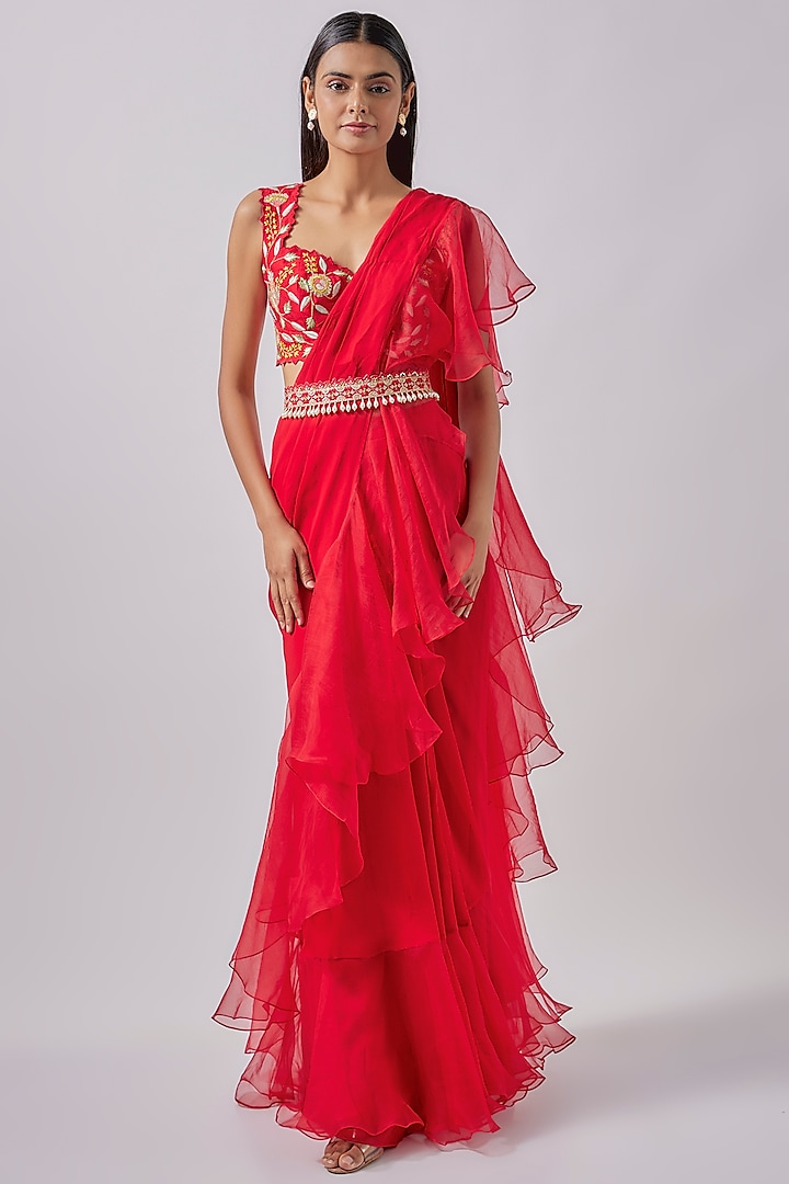 Red Georgette & Organza Embroidered Draped Ruffles Saree Set by Blue Lotus