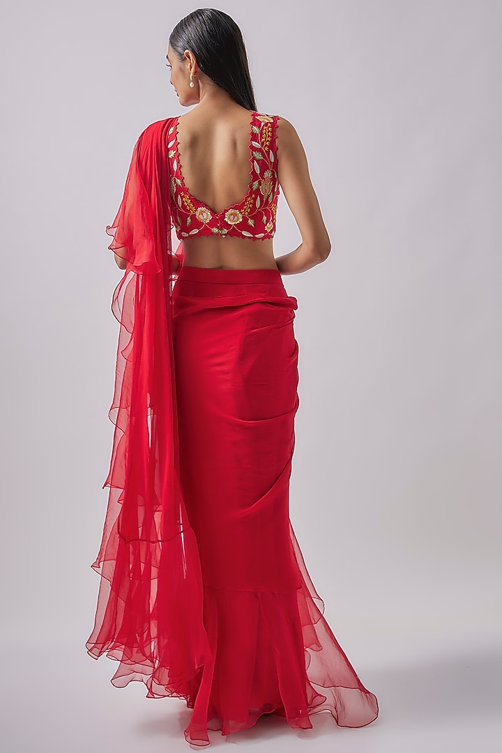 Red Georgette & Organza Embroidered Draped Ruffled Party Wear Saree Set by Blue Lotus at Pernia's Pop Up Shop