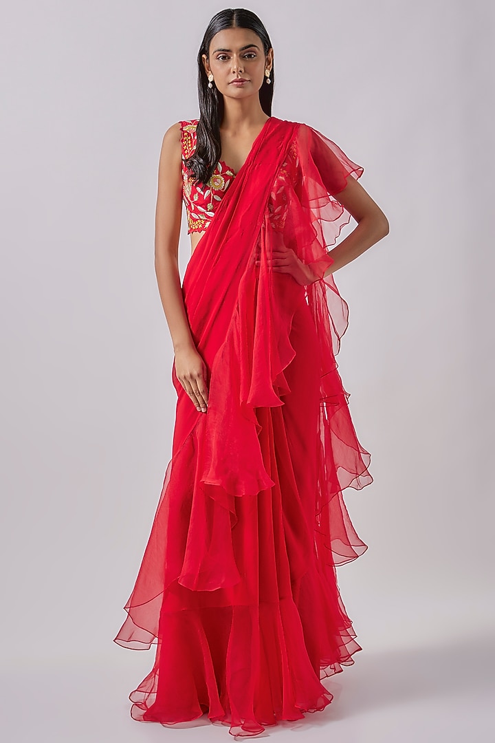 Red Georgette & Organza Embroidered Draped Ruffled Party Wear Saree Set by Blue Lotus at Pernia's Pop Up Shop