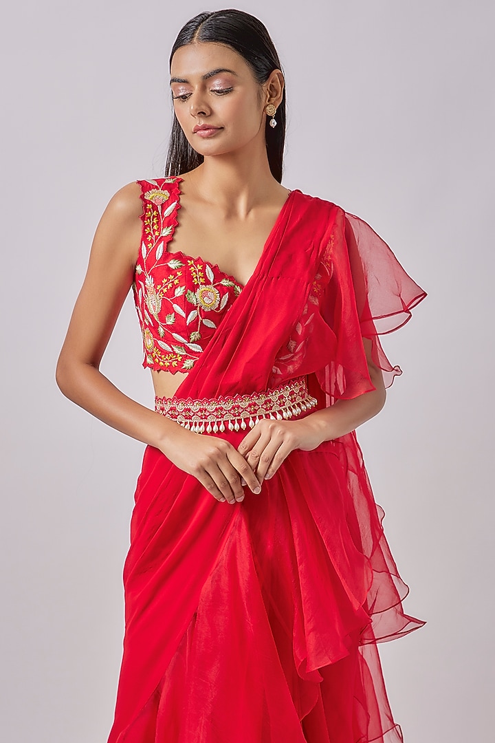 Red Georgette & Organza Embroidered Draped Ruffled Party Wear Saree Set by Blue Lotus at Pernia's Pop Up Shop