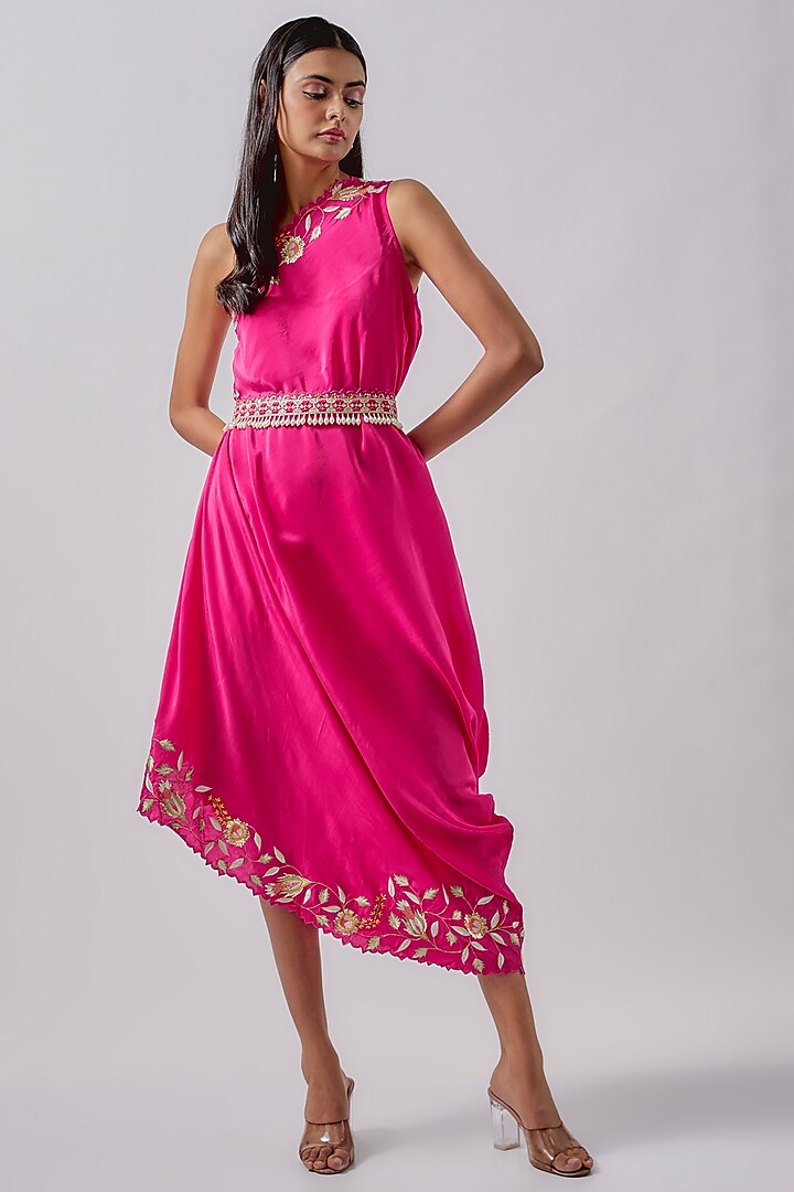 Hot Pink Crepe Embroidered One-Shoulder Dress by Blue Lotus