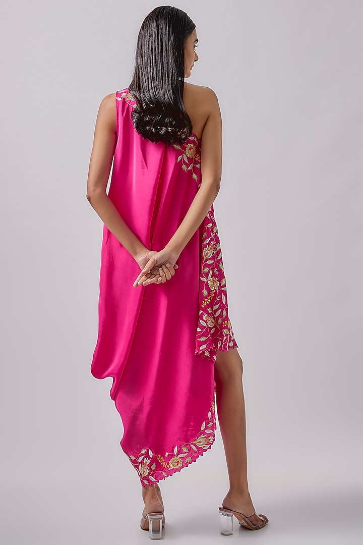 Hot Pink Crepe Embroidered One-Shoulder Vacation Dress by Blue Lotus at Pernia's Pop Up Shop