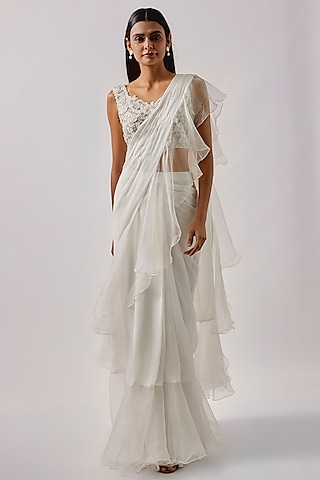 White Georgette & Organza Embroidered Draped Ruffled Saree Set  by Blue Lotus