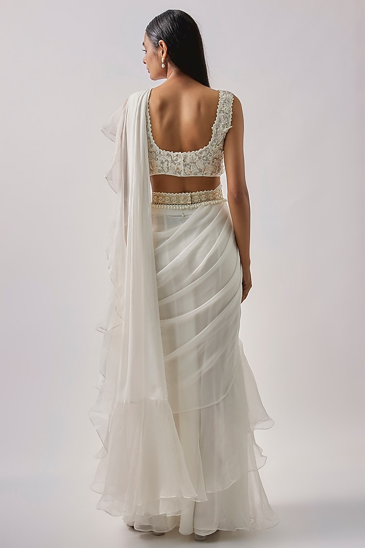 White Georgette & Organza Embroidered Draped Ruffled Wedding Saree Set  by Blue Lotus at Pernia's Pop Up Shop