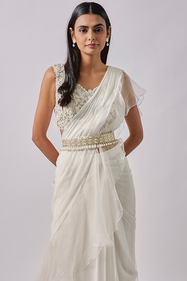 White Georgette & Organza Embroidered Draped Ruffled Wedding Saree Set  by Blue Lotus at Pernia's Pop Up Shop