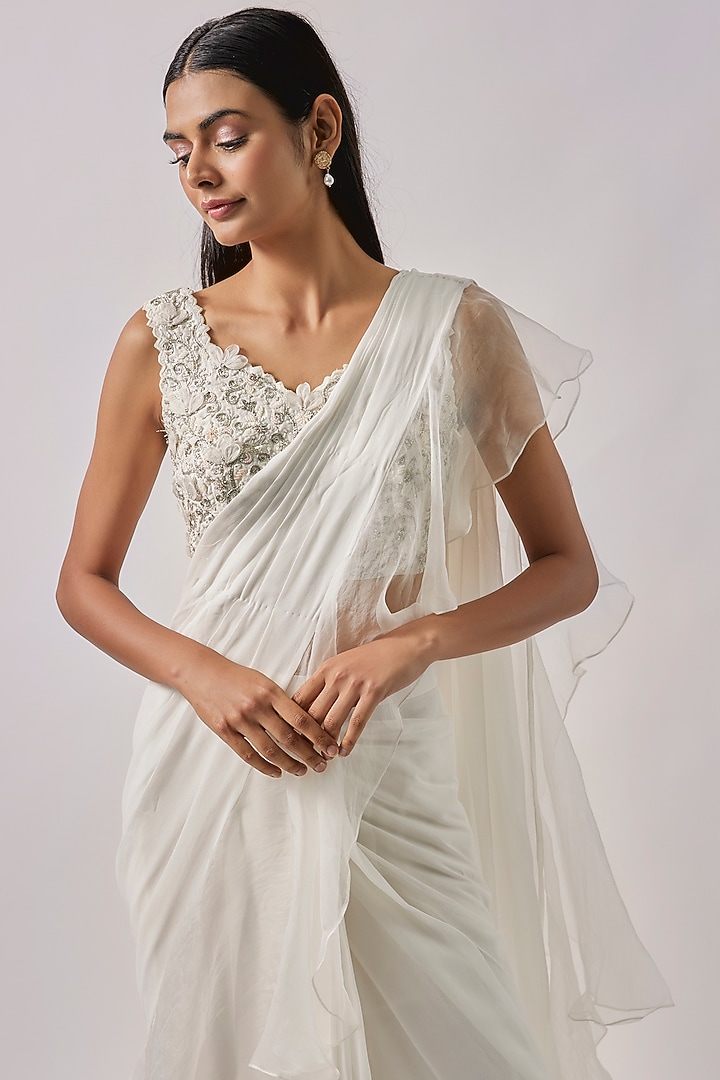 White Georgette & Organza Embroidered Draped Ruffled Wedding Saree Set  by Blue Lotus at Pernia's Pop Up Shop