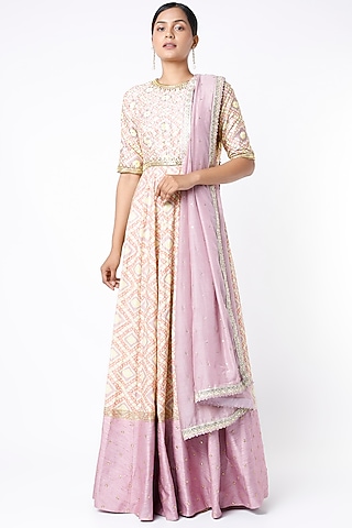 Lavender Printed &  Embroidered Anarkali Set by Blue Lotus