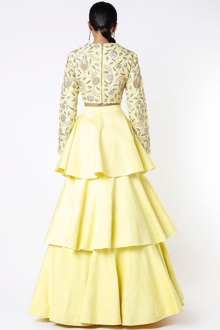 Yellow Raw Silk Layered Wedding Lehenga Set by Blue Lotus at Pernia's Pop Up Shop