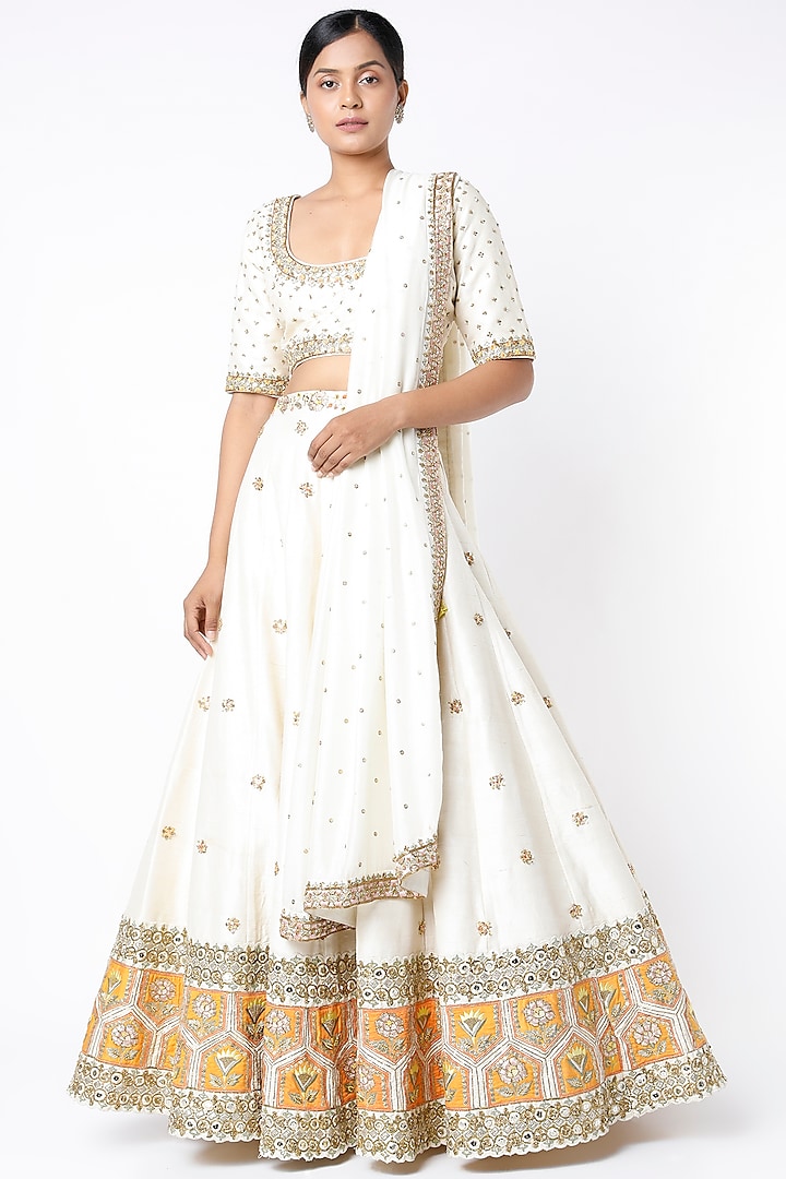 Ivory Applique Embroidered Lehenga Set by Blue Lotus