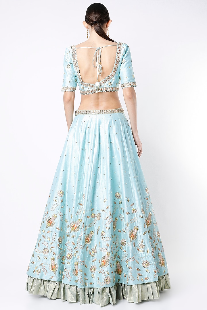 Mint Blue Raw Silk Sequin Embroidered Wedding Lehenga Set by Blue Lotus at Pernia's Pop Up Shop