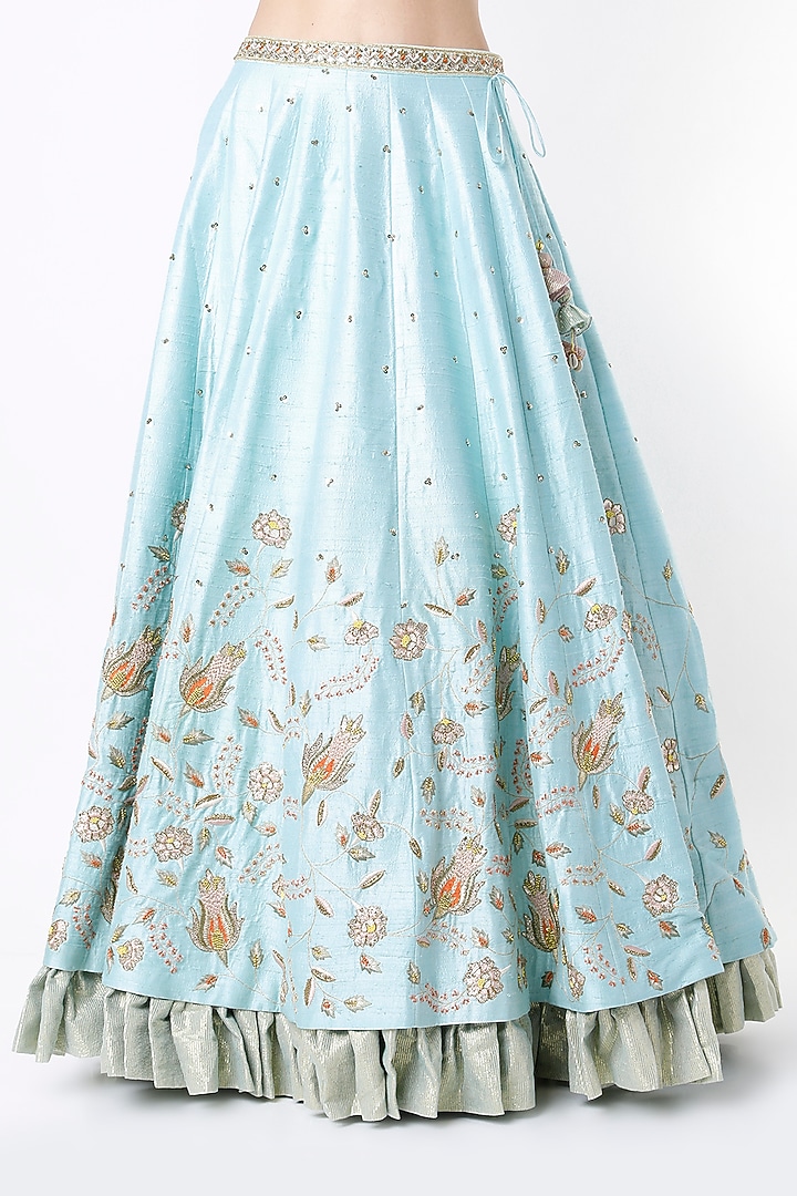 Mint Blue Raw Silk Sequin Embroidered Wedding Lehenga Set by Blue Lotus at Pernia's Pop Up Shop