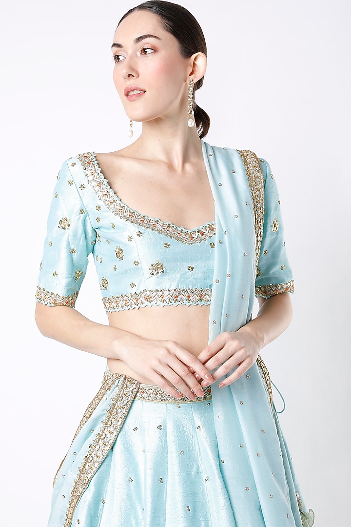 Mint Blue Raw Silk Sequin Embroidered Wedding Lehenga Set by Blue Lotus at Pernia's Pop Up Shop