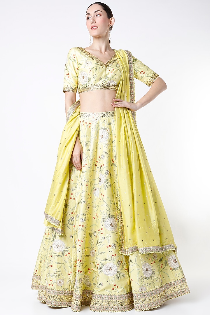 Pumpkin Seed Yellow Embroidered Wedding Lehenga Set by Blue Lotus at Pernia's Pop Up Shop