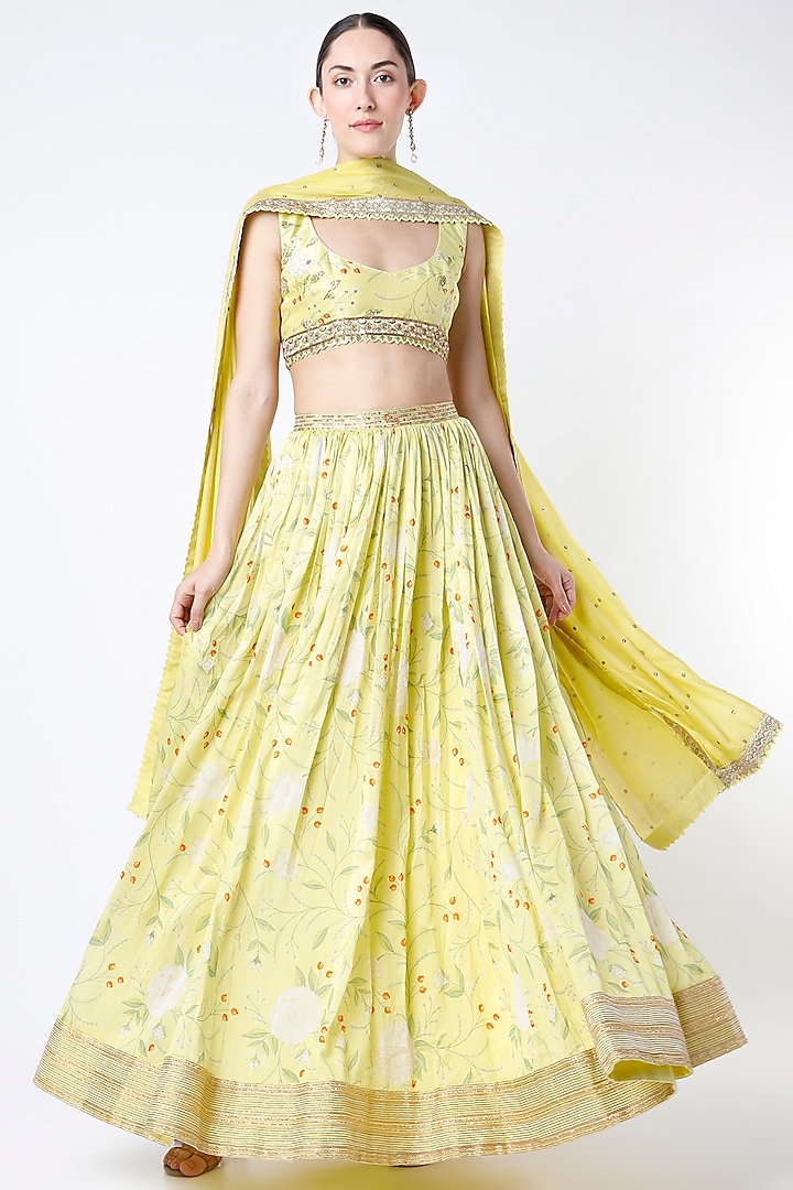 Gentle Yellow Embroidered Lehenga Set by Blue Lotus