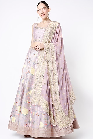 Pastel Lavender Embroidered & Printed Lehenga Set by Blue Lotus