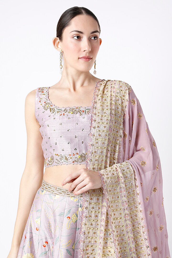 Pastel Lavender Embroidered & Printed Wedding Lehenga Set by Blue Lotus at Pernia's Pop Up Shop