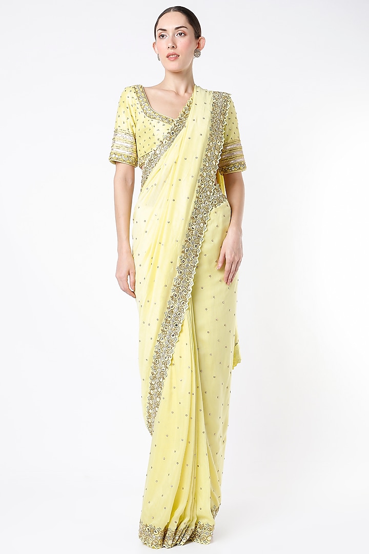 Gentle Yellow Embroidered Saree Set by Blue Lotus