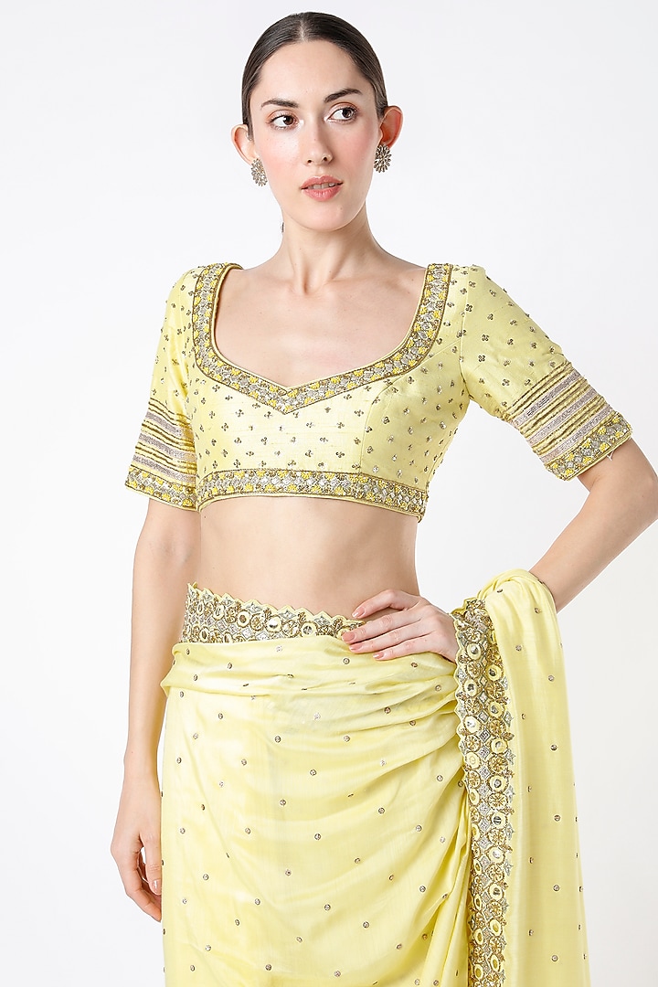Gentle Yellow Embroidered Wedding Saree Set by Blue Lotus at Pernia's Pop Up Shop