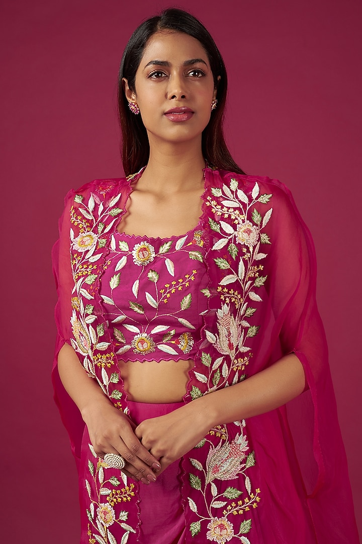 Hot Pink Organza Embroidered Cape Set by Blue Lotus at Pernia's Pop Up Shop