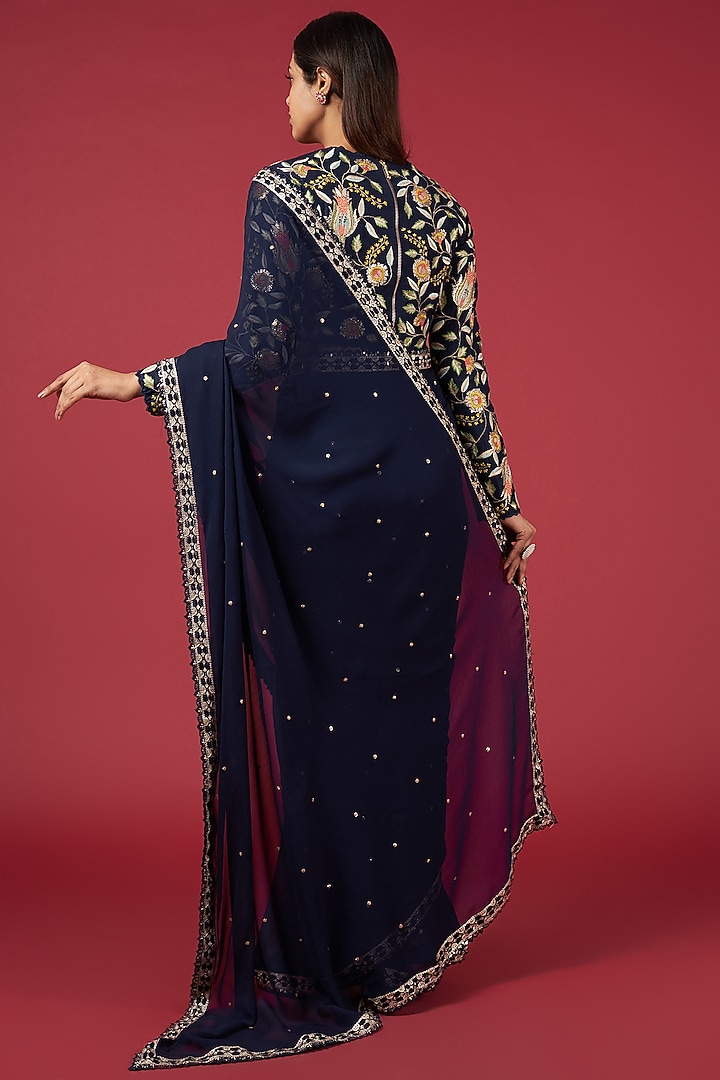 Deep Blue Georgette Wedding Saree Set by Blue Lotus at Pernia's Pop Up Shop