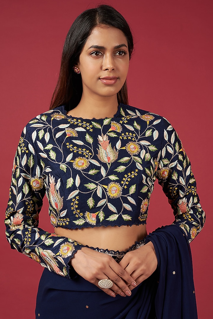 Deep Blue Georgette Wedding Saree Set by Blue Lotus at Pernia's Pop Up Shop