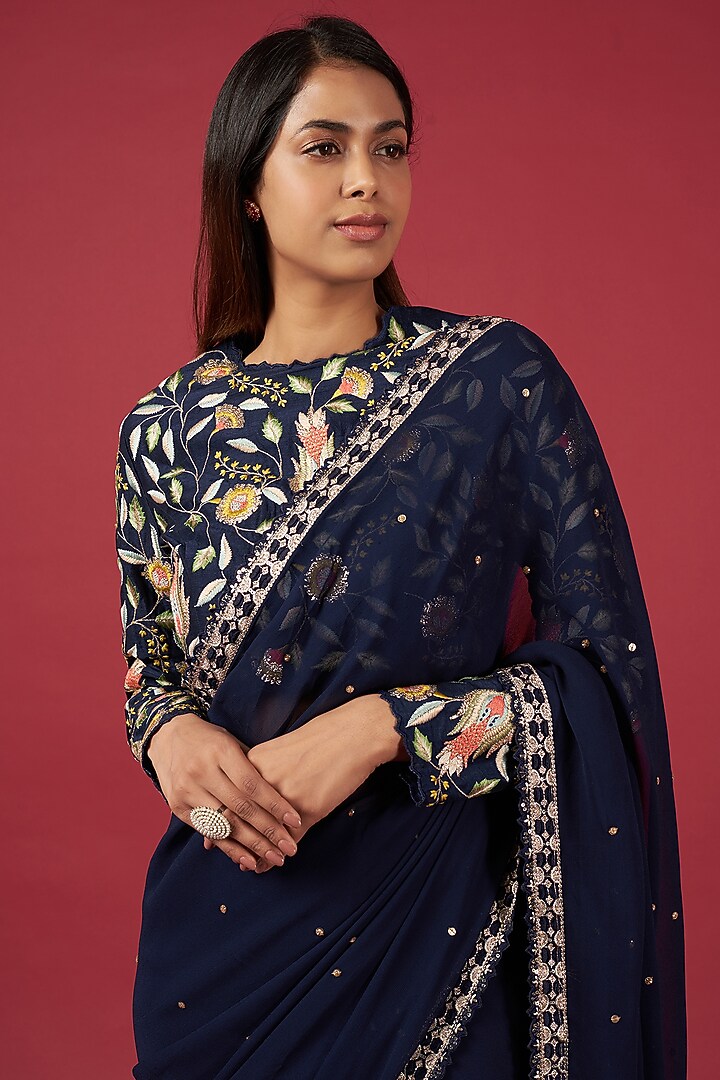 Deep Blue Georgette Wedding Saree Set by Blue Lotus at Pernia's Pop Up Shop