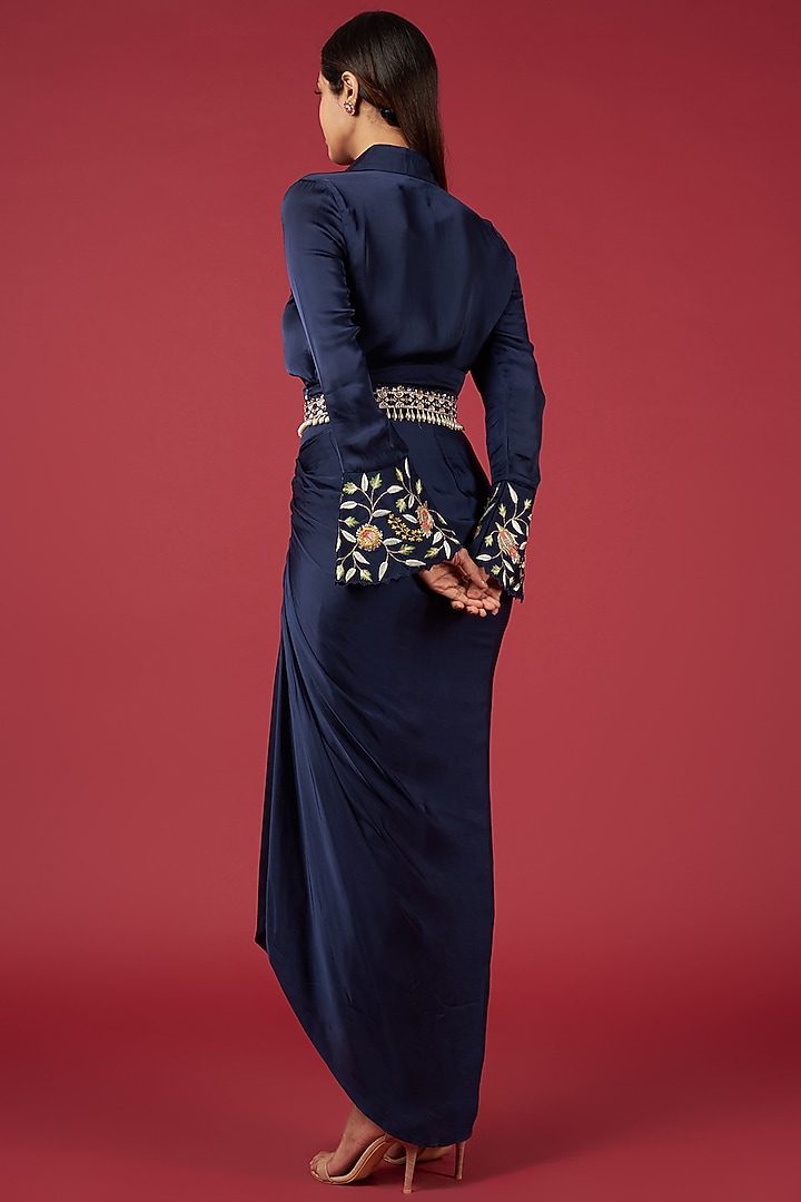 Deep Blue Satin Draped Skirt Set by Blue Lotus at Pernia's Pop Up Shop