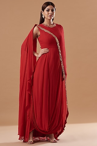 Red Georgette Embroidered Draped Dress by Blue Lotus