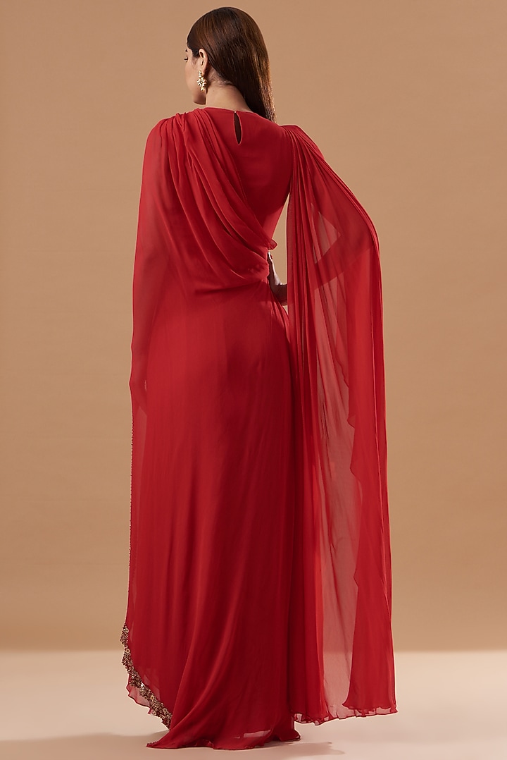 Red Georgette Embroidered Draped Cocktail Dress by Blue Lotus at Pernia's Pop Up Shop