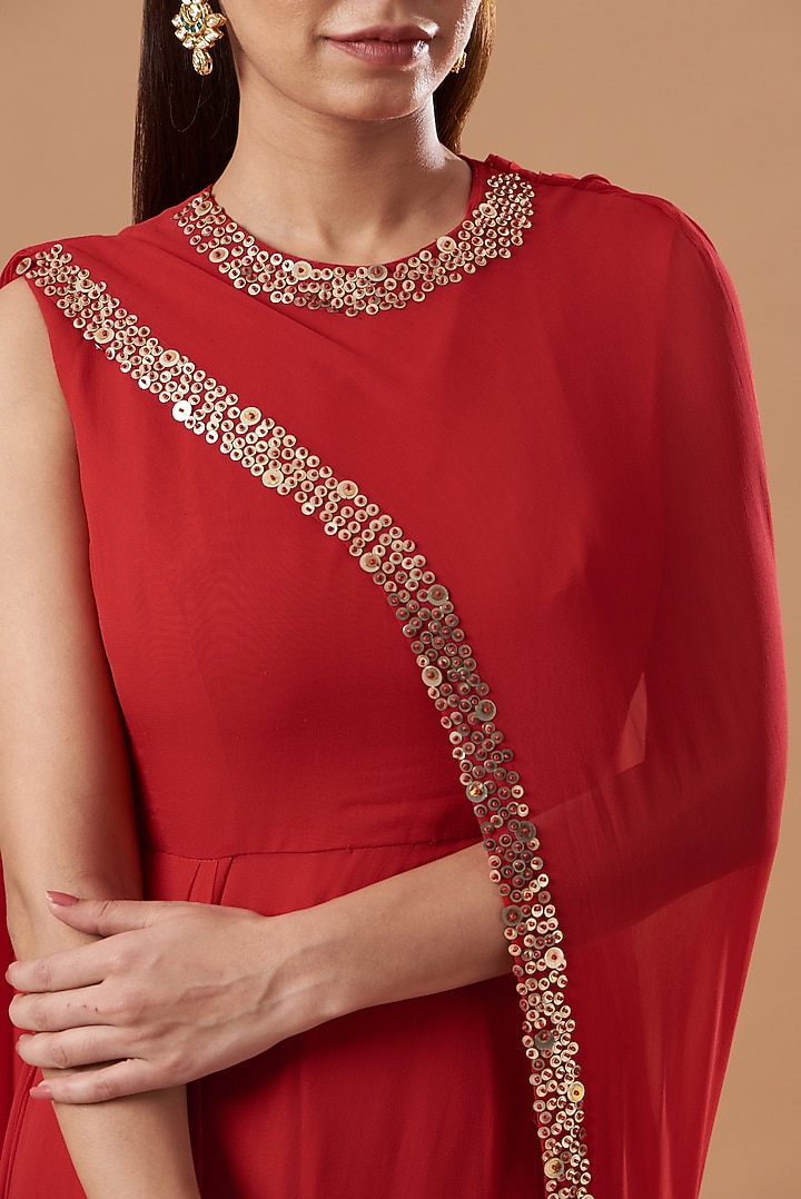 Red Georgette Embroidered Draped Cocktail Dress by Blue Lotus at Pernia's Pop Up Shop