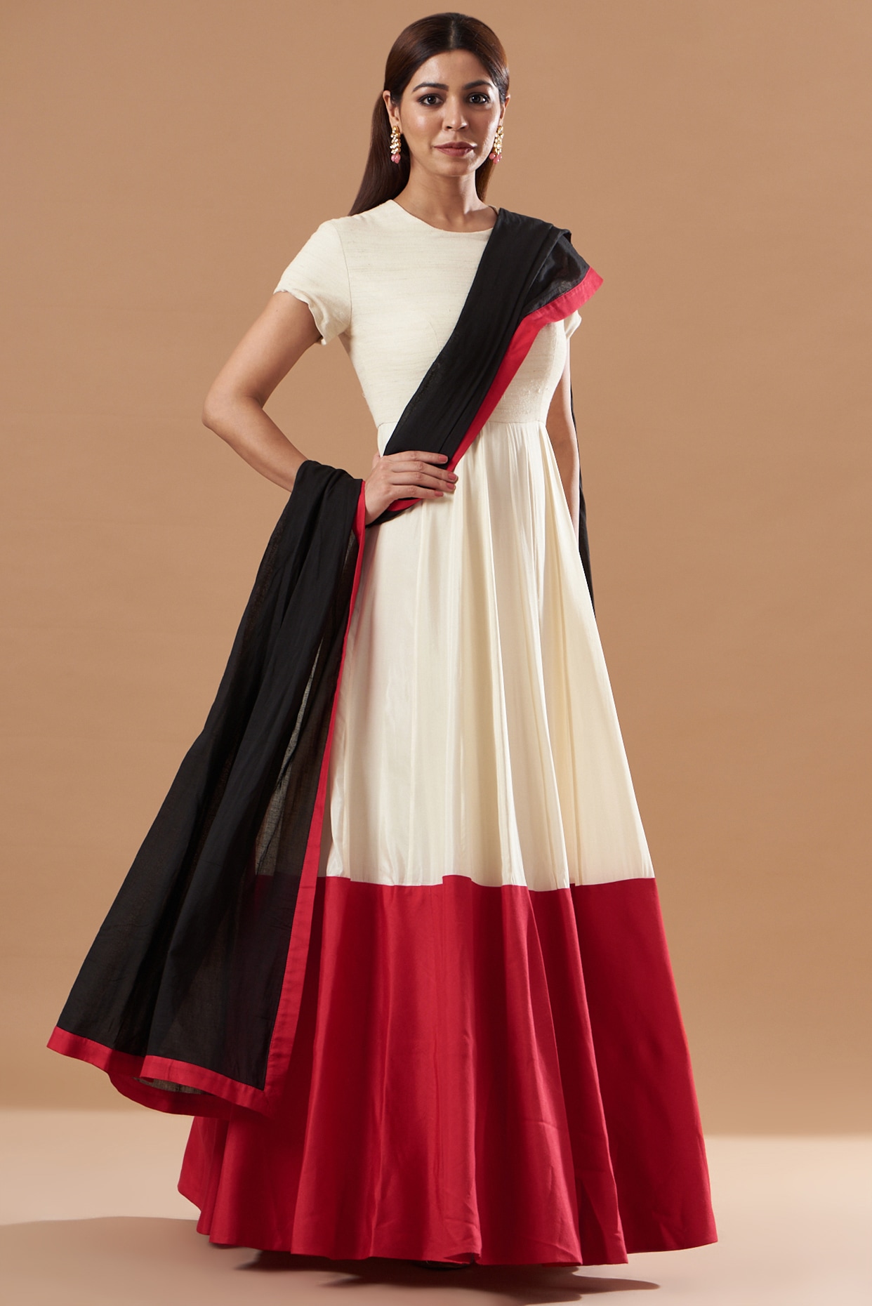 Blue Lotus Beige & Red Cotton Anarkali Set
