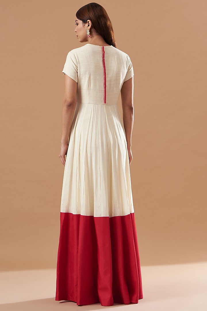 Beige & Red Cotton Party Wear Anarkali Set by Blue Lotus at Pernia's Pop Up Shop