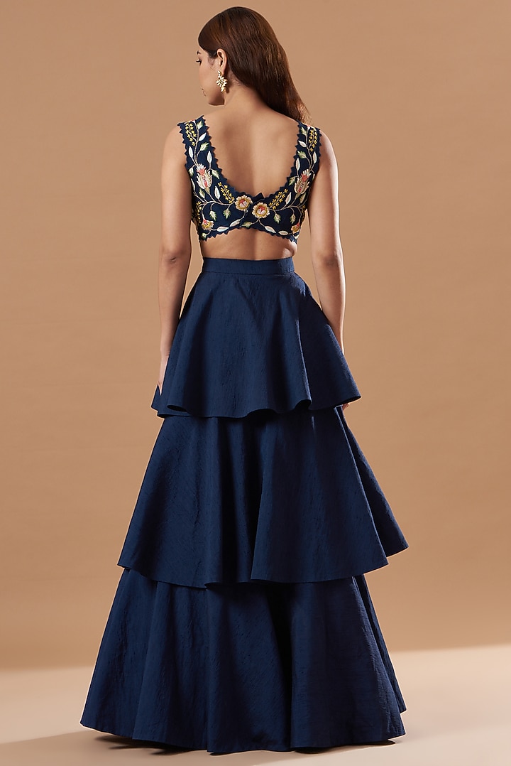 Midnight Blue Silk Layered Wedding Lehenga Set by Blue Lotus at Pernia's Pop Up Shop