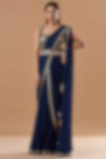 Blue Georgette Embroidered Draped Saree Set by Blue Lotus at Pernia's Pop Up Shop