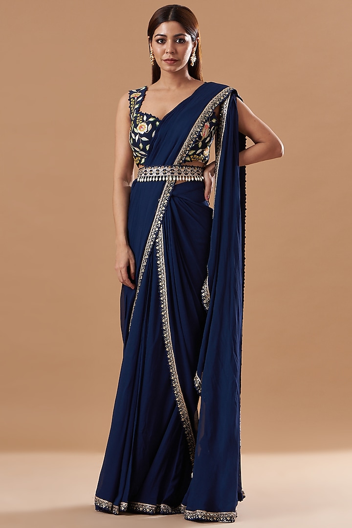 Blue Georgette Embroidered Draped Saree Set by Blue Lotus at Pernia's Pop Up Shop