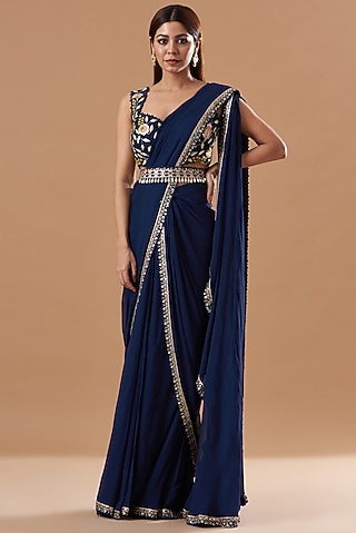 Blue Georgette Embroidered Draped Saree Set by Blue Lotus