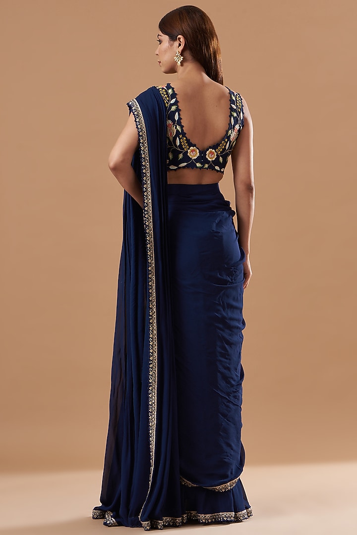 Blue Georgette Embroidered Draped Party Wear Saree Set by Blue Lotus at Pernia's Pop Up Shop