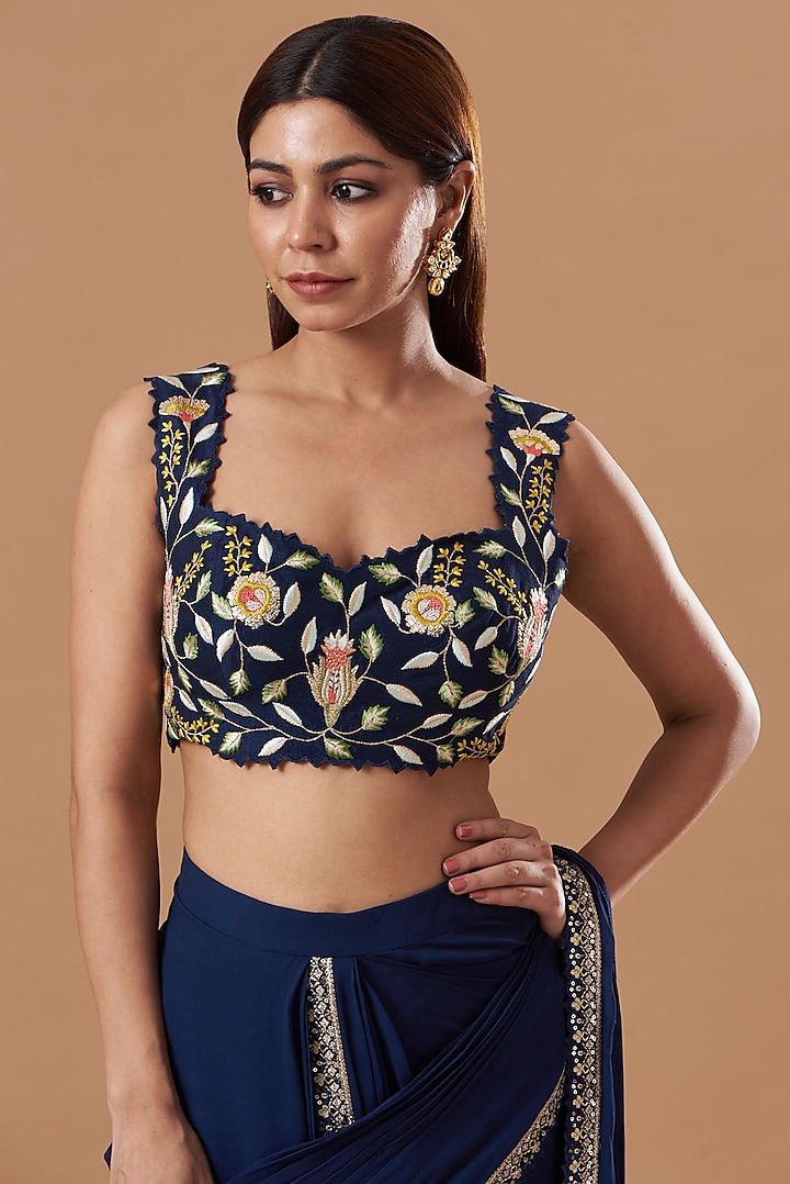 Blue Georgette Embroidered Draped Party Wear Saree Set by Blue Lotus at Pernia's Pop Up Shop