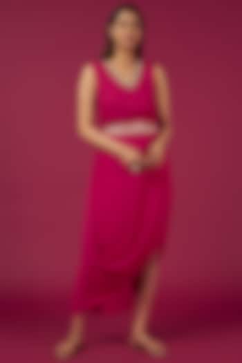 Hot Pink Georgette Cowl Dress by Divya Reddy