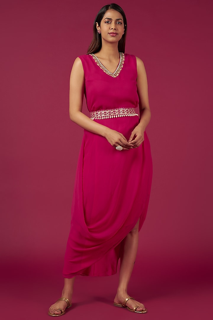 Hot Pink Georgette Cowl Dress by Blue Lotus