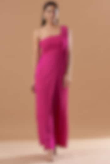 Hot Pink Georgette One-Shoulder Jumpsuit by Blue Lotus